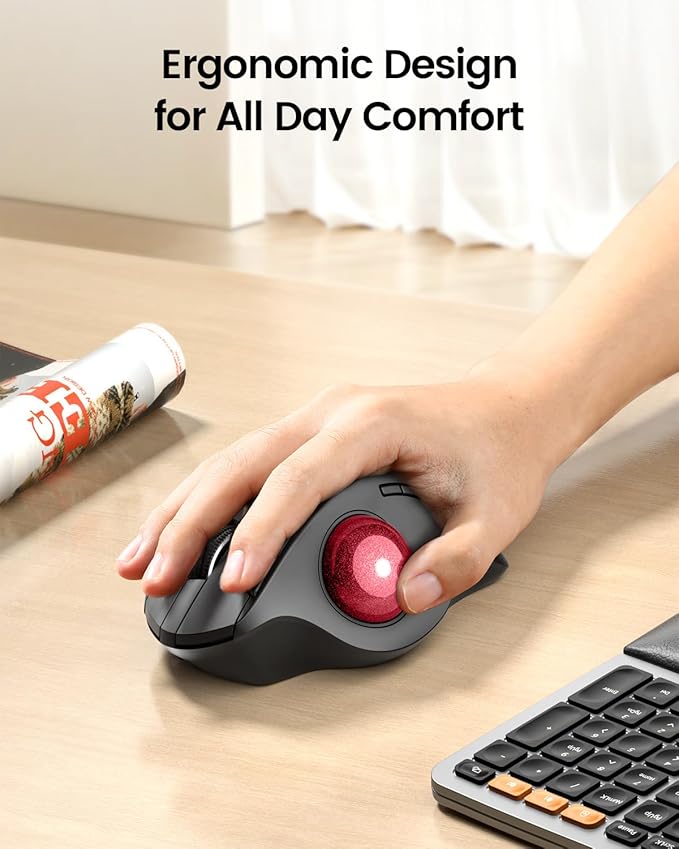 ProtoArc Wireless Trackball Mouse, EM01 NL Ergonomic Bluetooth Rollerball Thumb Rechargeable Computer Laptop Mouse, Adjustable Angle & 3 Device Connection for PC, Mac, Windows-Red Ball