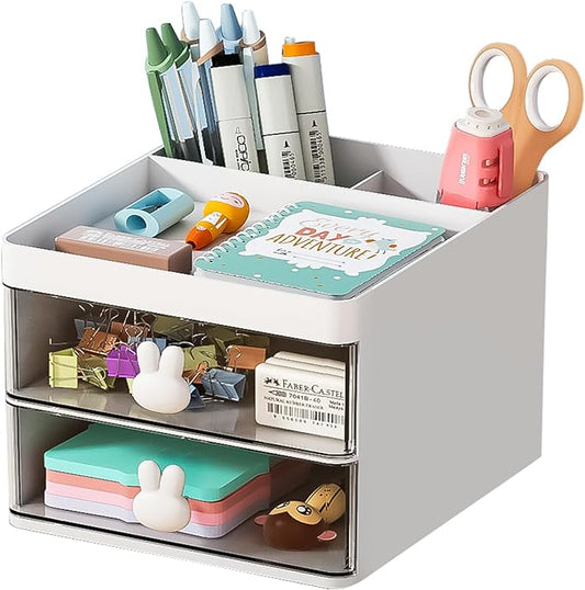 Marbrasse Small Desk Organizer with Drawer, Multi-Functional Pen Pencil Holder Storage Box, Desk Organizers and Accessories with 3 Compartments + 2 Drawer for Office Art Supplies(White)
