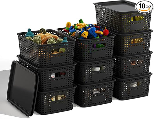 Black Plastic Storage Baskets with Lids 10 Pack Stackable Storage Bins Containers for Shelves Organizing, Cute Decorative Storage Boxes for Classroom, Playroom, Closet, Pantry