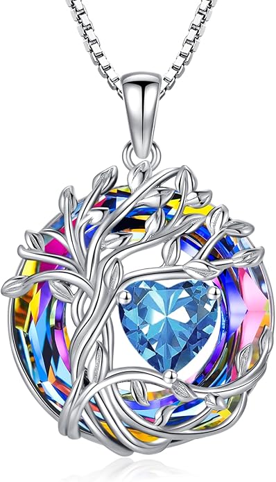 TOUPOP Tree of Life Birthstone Necklace 925 Sterling Silver Pendant Austrian Crystal Jewelry Anniversary Birthday Christmas Gifts for Women Mom Her Wife