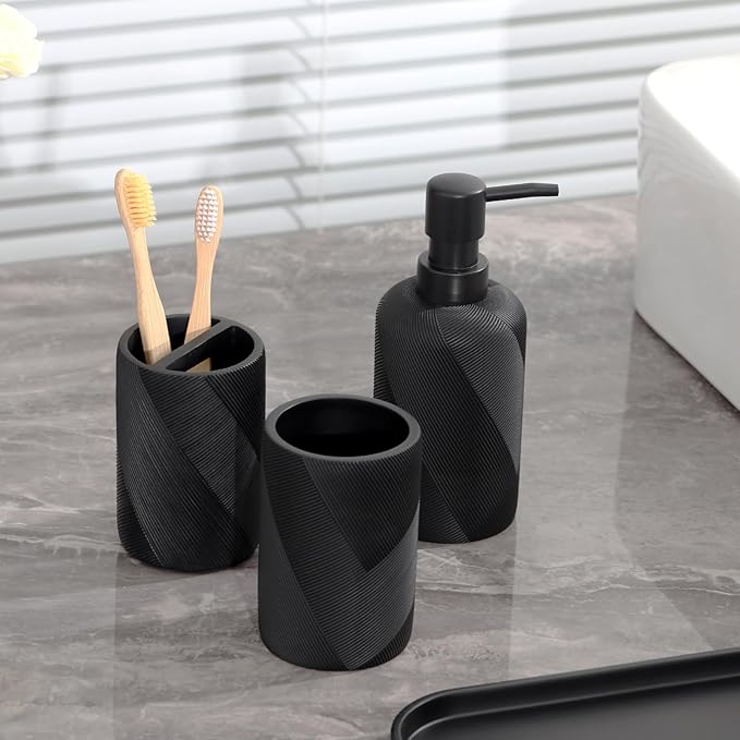 Bathroom Accessories Set, Bathroom Organizer Countertop, Soap Dispenser and Toothbrush Holder, Mouthwash Cup, Tray Set, Vanity Tray for Bathroom, 4 Pieces Modern Decor (Matte Black)