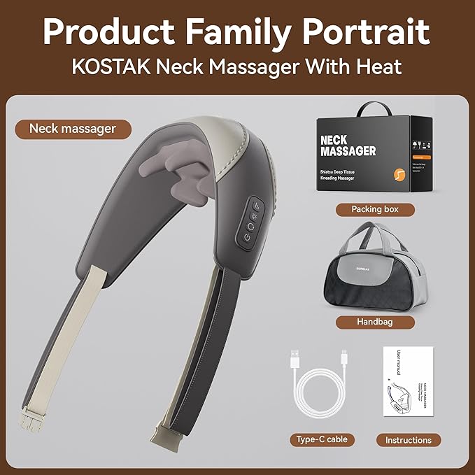 Shiatsu Neck and Shoulder Massager With Heat for Pain Relief, Deep Tissue Back Massager, Portable for Neck and Back, Gifts for Men and Women (Grey With Leather Handbag)