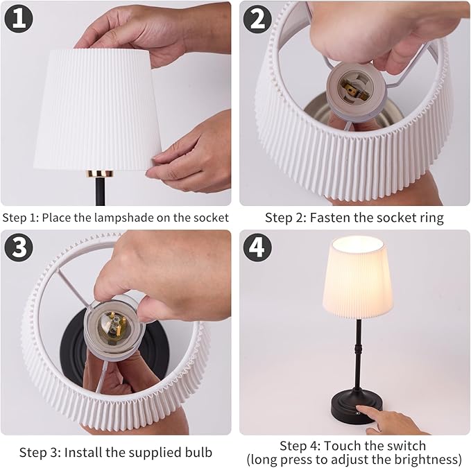 Cordless Rechargeable Table Lamp 5200mAh - Stepless Dimming & 3-Color Temperature, Touch Control Bedside Lamp with Fabric Shade for Bedroom, Patio, Camping, Balcony (Black)