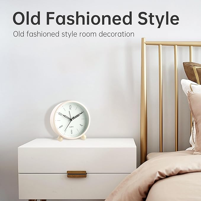 Analog Alarm Clock, 4 inch Super Silent Non Ticking Small Clock with Night Light, Battery Operated, Simple Design, Old Fashioned Style Cream Decor, for Bedroom, Bedside, Desk, Adult, Kid, Gift, White