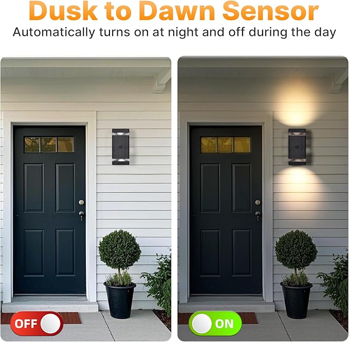 Outdoor Wall Lights 1 Pack, Integrated LED Up Down Lights, Modern Black Outdoor Wall Light with Dusk to Dawn Sensor Aluminum Exterior Wall Light for Porch Patio Door
