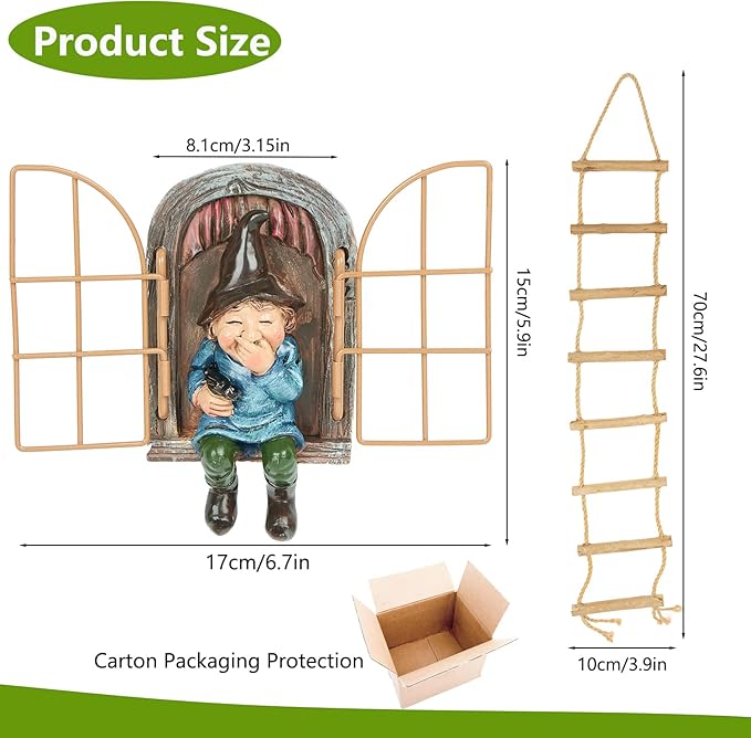 Garden Gnomes Decoration Outdoor Tree Faces Decor with Hanging Ladder for Yard, Elf Out The Door Tree Hugger Resin Garden Sculpture Peeker Yard Art Ornament Whimsical Gnome Decor for Patio Yard Lawn