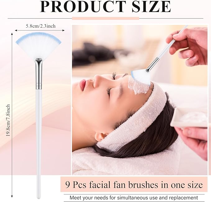 9 Pieces Facial Fan Mask Brushes, Soft Facial Applicator Brushes Tools for Peel Glycolic Makeup for Mud Cream(White Blue)