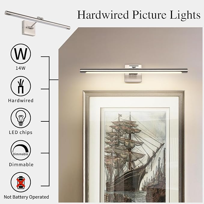 Joosenhouse Modern LED Picture Light Fixtures Dimmable 24.4" Inch Brushed Nickel Artwork Accent Hallway Lighting with Single Swing Arm Full Metal for Paintings,Warm White 3000K, Hardwired Connection