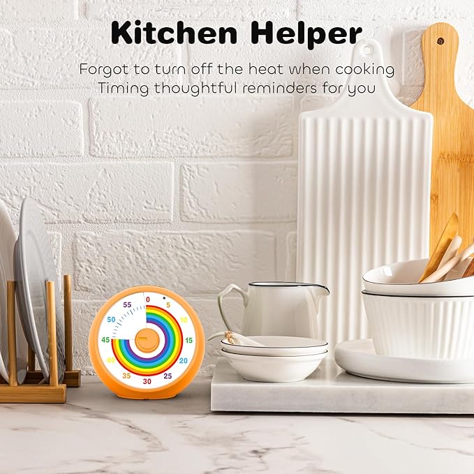 Visual Timer for Kids, 60-Minute Countdown Timer for Classroom Office Kitchen, Desk Timer Kids Time Management Tools with Silent Operation, Pomodoro Time Rainbow Pattern (Orange)