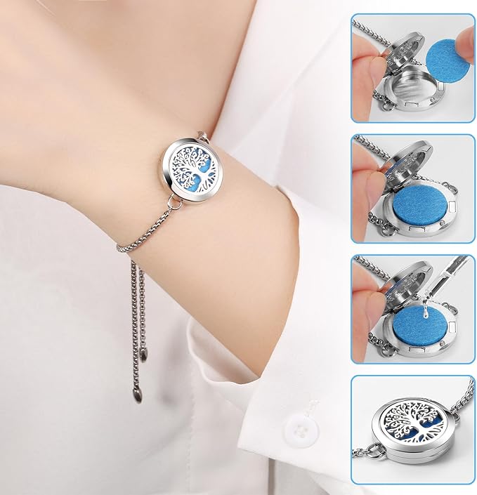 Aromatherapy Essential Oil Diffuser Bracelet, Tree of Life Pattern Locket Adjustable Link for Women Birthday Jewelry Gifts Trendy for Wife Mothers（Silver