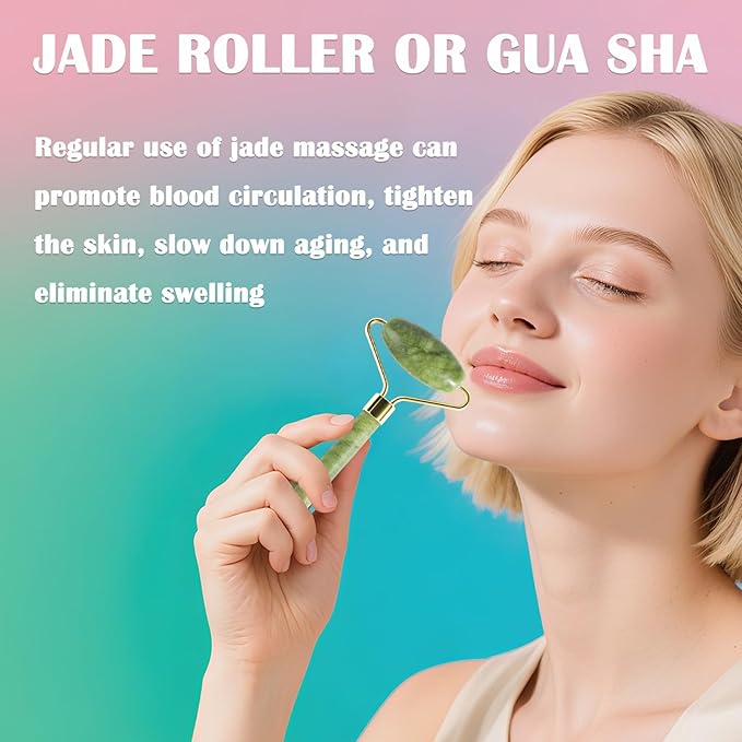 Jade Roller Gua Sha Tools – Nature Gua Sha Facial Tool Skin Tightening Face Massager Anti-Aging Jade Face Roller Puffiness Reducing Guasha Stone for Women Men（Green）