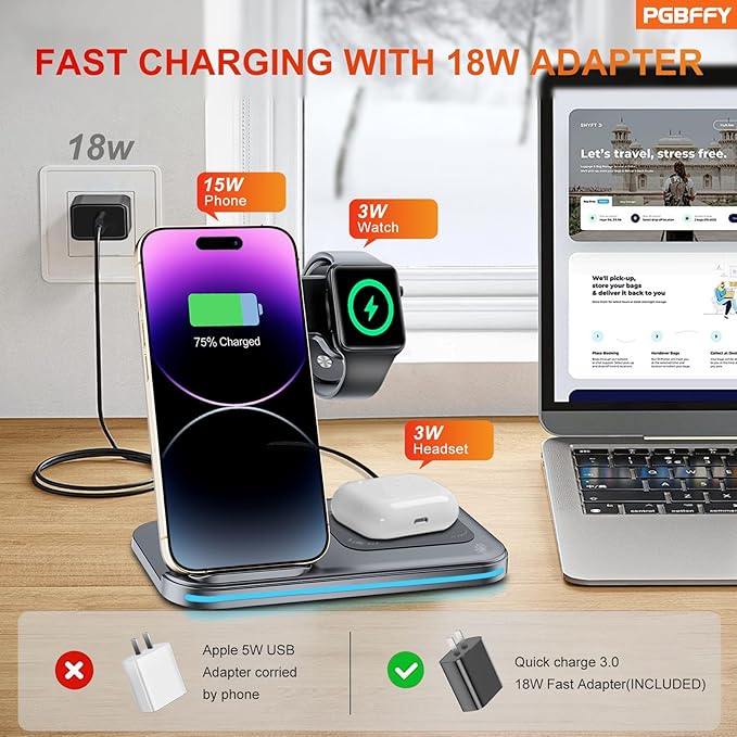 3 in 1 Charging Station Wireless Charger lPhone Foldable Charging Stand for Multiple Devices with Quick Charger for lPhone 16/15/14/13 Pro Max Watch AriPods Pro 2