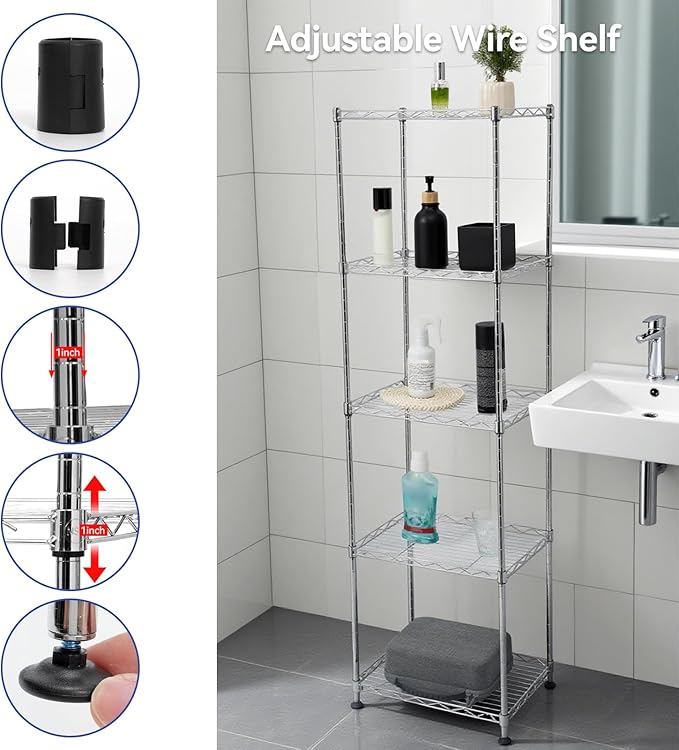 Chrome Small 5 Tiers Wire Shelving NSF Certified. Adjustable Storage Rack for Kitchen,Garage,and Laundry Utility Room (Chrome-Small-5Tiers-16x12x55)