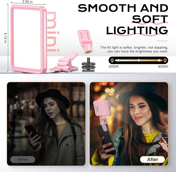Rechargeable Soft Selfie Light for Phone, Camera, Laptop, 4-14H Battery Portable LED Light for Pictures, Phone Light Clip for Selfie, Vlog, TikTok, Makeup, Video Conference Pink