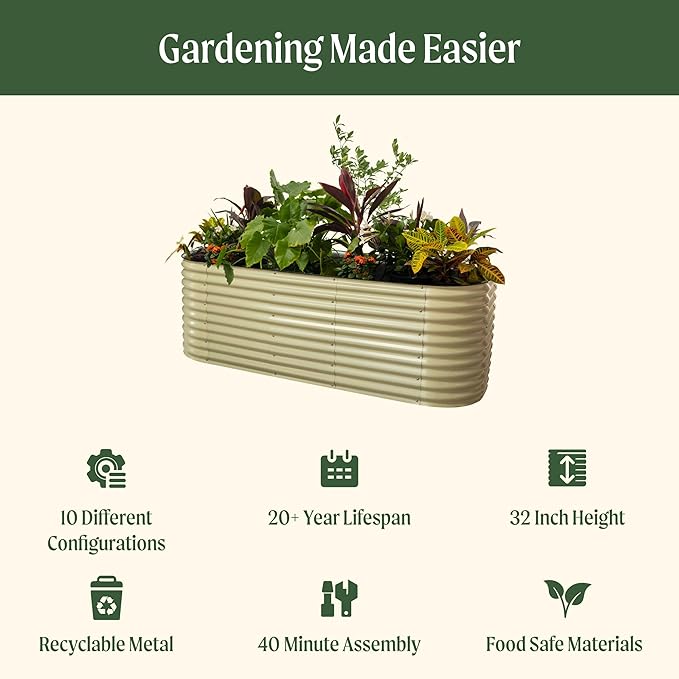 Vego garden 32" Extra Tall Raised Garden Bed Kits, 10 in 1 Modular Raised Planter Box for Vegetables Flowers Fruits Oval Metal Raised Garden Bed- Pearl White