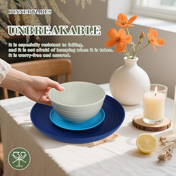 Wheat Straw Dinnerware Set of 32,Unbreakable Dinner Plates and Bowls Dishes Sets Service for 8,Dishwasher Safe Dinnerware Sets for Kitchen and Camping.Island Series