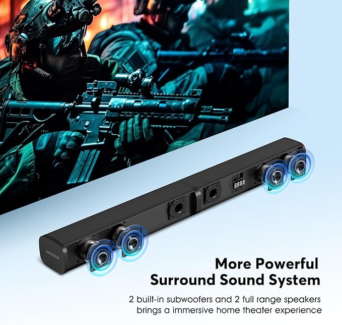 Wohome 2.2 Sound Bar for TV with Built-in Subwoofers, 32 Inches Detachable Soundbar Speaker, Bluetooth 5.3/Optical/AUX/USB Connection (Black)