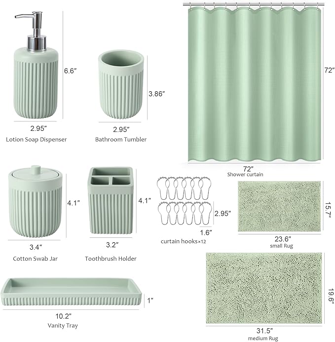 8-Piece Light Green Bathroom Set - Resin Bathroom Accessories Sets Complete with Shower Curtain and Rugs, Soap Dispenser, Toothbrush Holder, Tumbler & Vanity Organizer