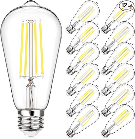 MAXvolador Vintage LED Edison Bulb 60W Equivalent 800LM, 6W ST58 LED Filament Light Bulb, Daylight White 5000K, E26 Base, Non-Dimmable, Pack of 12