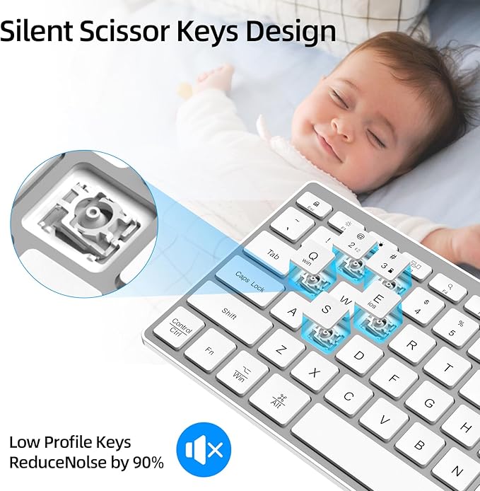 Silent Quiet Wireless Bluetooth Compact Keyboard, Durable Flat Compact Keyboard with Ultra Quiet Low-Profile Flat Keys, 2.4GHz Wireless Bluetooth for Mac,Windows 11/10/8/7/Vista,Microsoft & PC, Silver