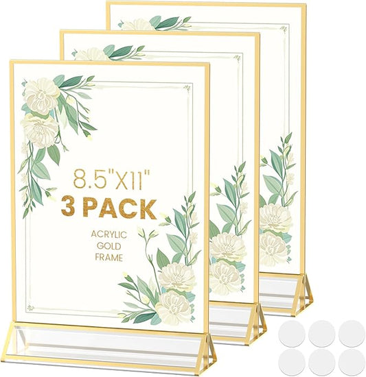 Acrylic Sign Holder 8.5X11 Gold Frames Double-Sided Gold Picture Frames Flyer Holder for Menu Holder Wedding Table Number Holder Photo Frames with Double Sided Stickers-3 Pack