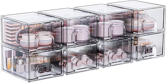 ZJIAI 8 Pack Clear Stackable Storage Drawer, Acrylic Drawer, Cosmetic Organizer, Plastic Organizer for Dresser, Under, Kitchen Cabinet, Pantry, Home Organization and Storage