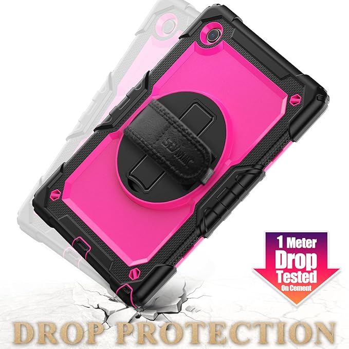 SEYMAC stock Case for Samsung Galaxy Tab A9+ Plus 11'', Full-Body Drop Protection Case with Screen Protector Pencil Holder [360° Rotating Hand Strap] &Stand, Pink+Black
