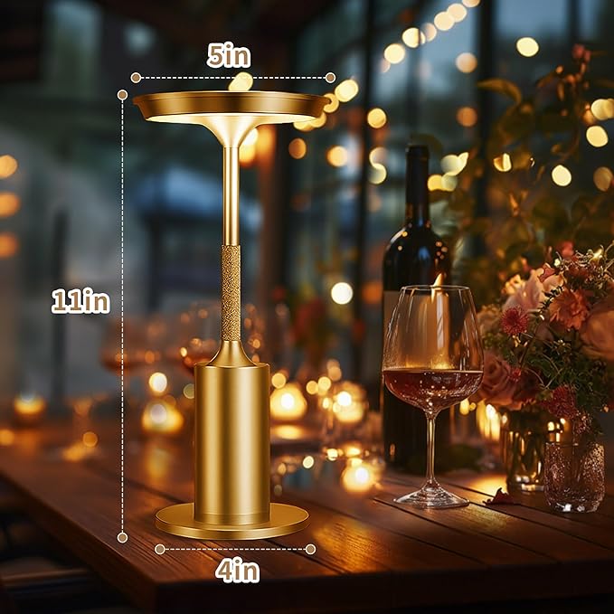 Rechargeable Cordless Table Lamps Set of 2, 6000mAh Battery Operated Outdoor Table Lamp, 3 Color Stepless Dimming Portable Touch Light for Patio,Bars,Bedroom,Dinner, Restaurant (Gold)