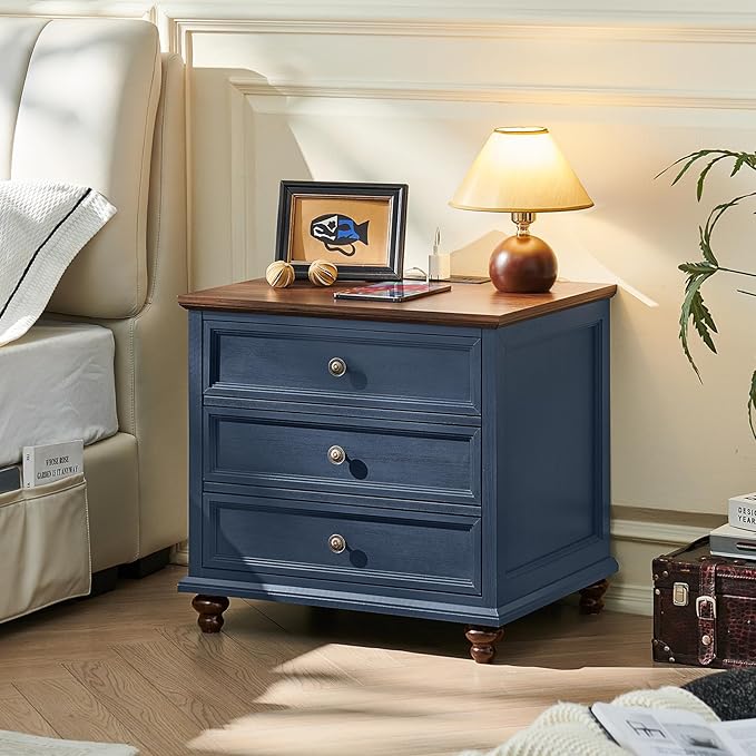 Farmhouse Nightstand Set of 2 with Charging Station, 24" Wide End Table with 3 Drawers,Dresser for Bedroom,Bed Side Table Chest of Drawers Cabinet,Wood Blue Night Stand for Living Room