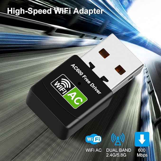 Driver Free USB WiFi Adapter for Desktop PC 600Mbps Dual Band 2.4G 5.8G Wireless Network Adapter, Wi-Fi Dongle Compatible with Windows 11/10/8/7/XP/Vista-Black