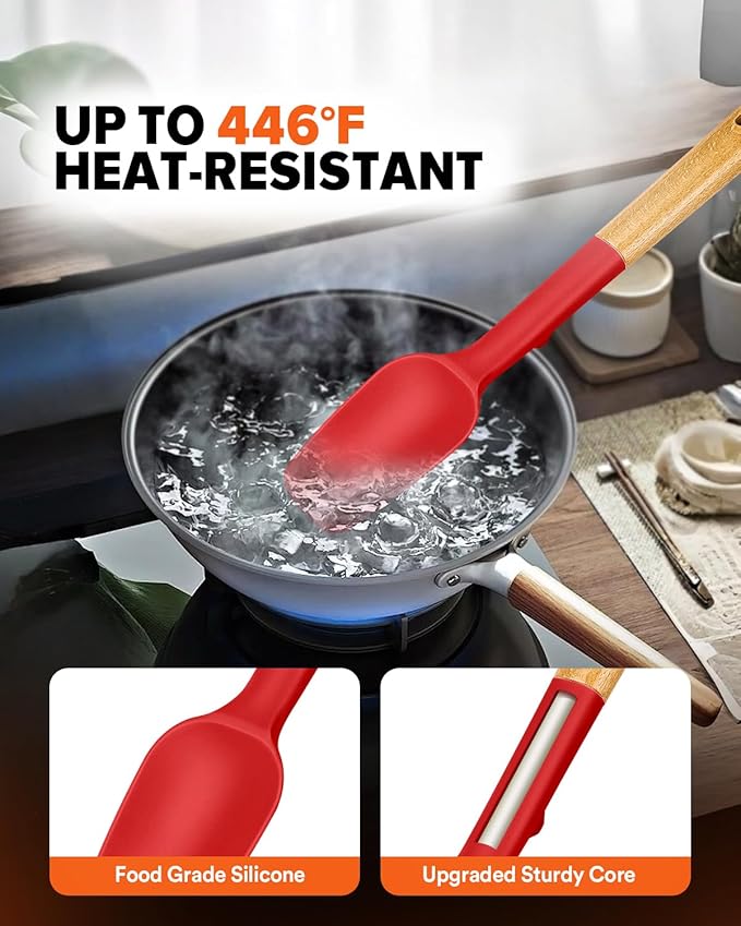 Silicone Spatula Spoon Set, Great for Mixing, Folding, Scraping, and Spreading, Sturdy BPA-Free Matte Silicone, Wooden Handle Rubber Spoonula for Nonstick Cookwares,4 Pack (RED)