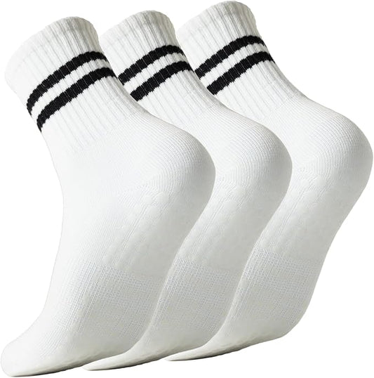 Pilates Socks with Grips for Women Grippy Non Slip Crew Socks for Yoga Barre Hospital Striped 3 Pairs