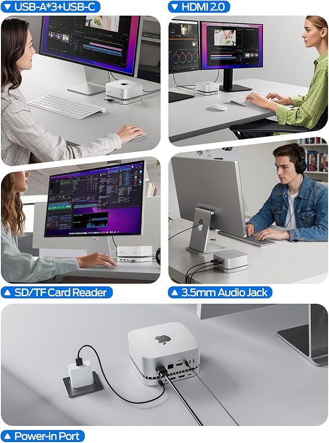 MOVE SPEED Mac mini M4 Dock Enclosure, 10 in 1 Aluminum Stand Hub, 10Gbps USB-C/A, 4K60Hz HDMI, SD/TF Reader, Space-Saving Vertical Design