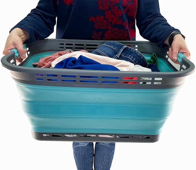 SAMMART 42L (11 Galloons) Collapsible Plastic Laundry Basket - Foldable Pop Up Storage Container/Organizer - Portable Washing Tub - Space Saving Hamper/Basket [BPA Free] (Grey/Crystal Blue)