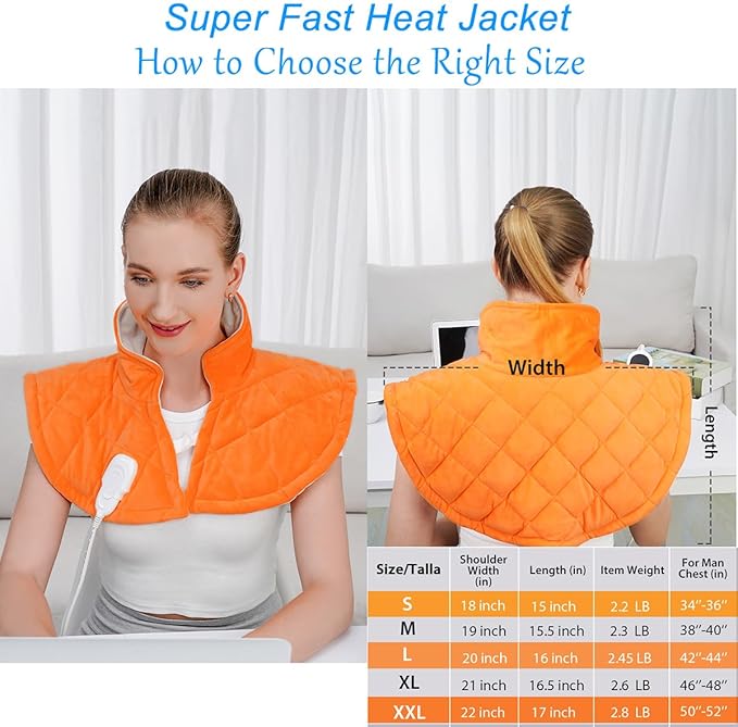 Electric Heating Pad for Neck and Shoulders, Weighted Neck Heating Pad for Pain Relief, 6 Heat Settings Far Infrared Heated Pad with Auto Off (Orange XXL)
