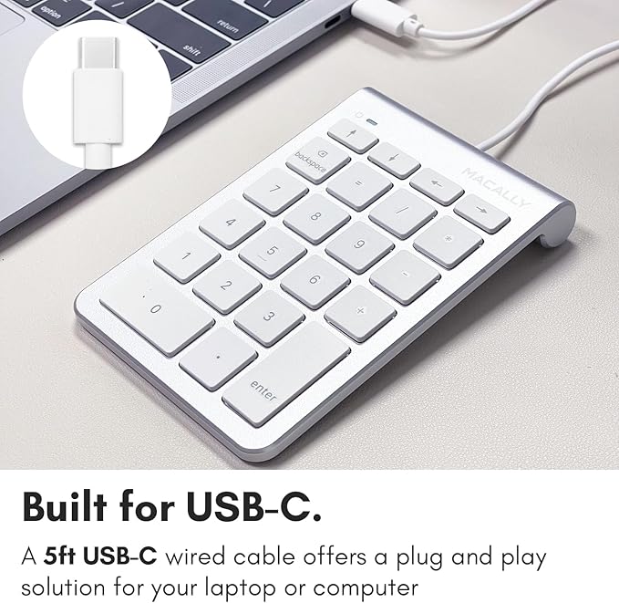 USB C Wired Number Pad for Mac - 10 Key USB Keypad, Type C Numeric pad, Number Keypad for Keyboard and Number Pad for Laptop, MacBook Pro/Air, iMac, and PC - 5ft Cable Numpad - Silver Keypads