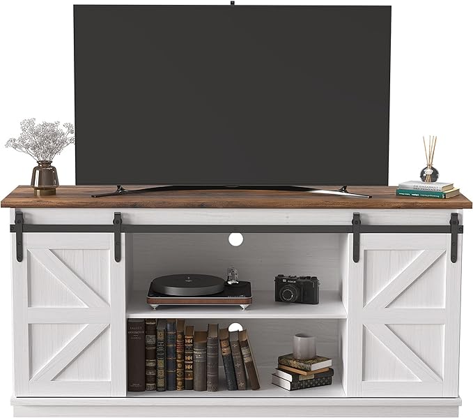JUMMICO TV Stand for 65 Inch TV, Entertainment Center with Storage Cabinets and Sliding Barn Doors, Mid Century Modern Media TV Console Table for Living Room Bedroom (Bright White)