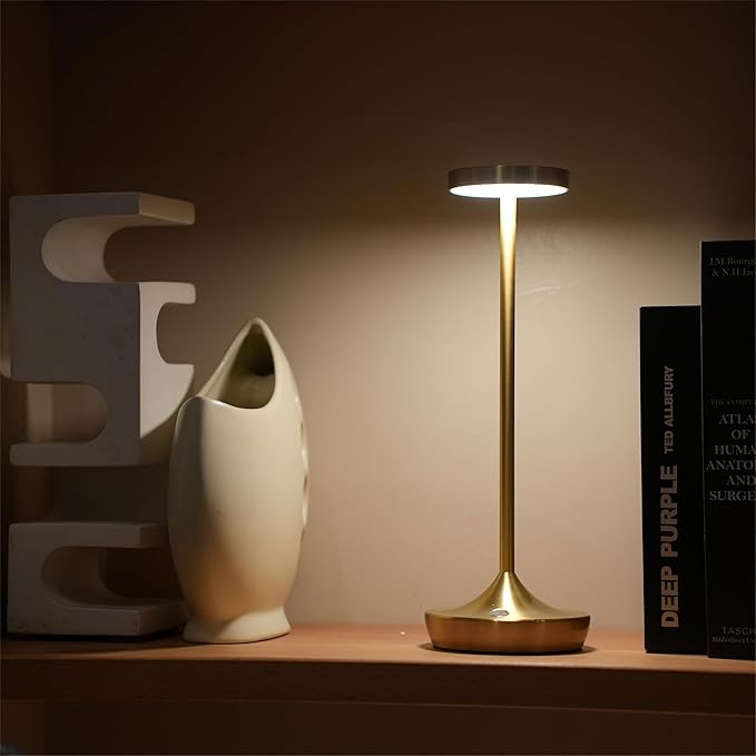2 Pack Cordless Table Lamps, Battery Operated LED Desk Lamp, 3-Color Stepless Dimming, Portable & Waterproof, for Restaurants, Bedrooms, Bars, Outdoor Parties, Camping, and Cafes (2Pack Gold)