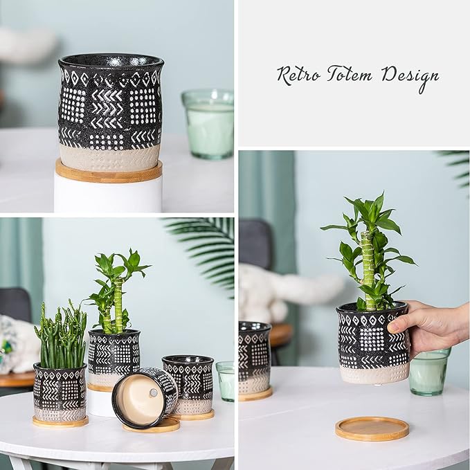 TAMAYKIM 4 Inch Ceramic Boho Plant Pots with Drainage Hole and Saucers, Black Retro Totem Design Small Flower Planters for Indoor Plants, Succulent, Aloe, Cactus and Herbs, Set of 4