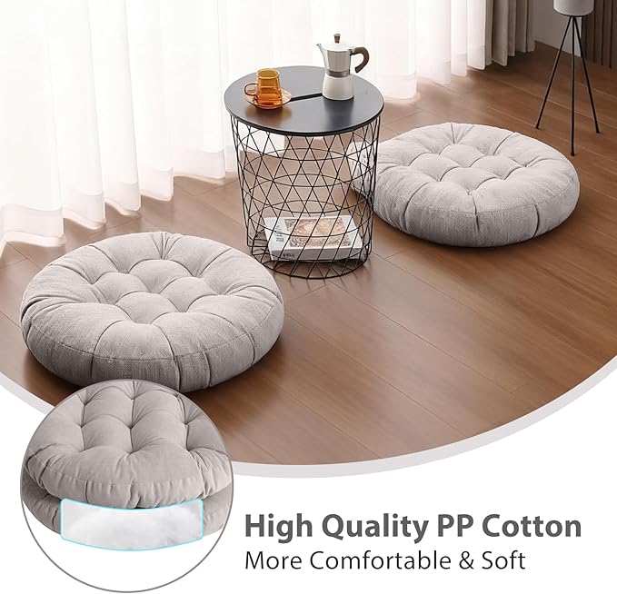 Tiita Floor Pillow Cushion, Round Seat Cushion, Outdoor Floor Pad, Meditation Cushion for Yoga Living Room Sofa Balcony, Set of 2, 22x22 Inch, Grey