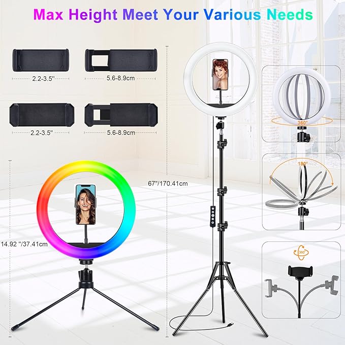 STALLY 13.3" Ring Light with Stand, Music Mode, 75" Tall with 3 Phone Holder, 3 CCT Modes & 48 RGB Color Modes, Ring Light Tripod for iPhone with Wireless Remote, Great for Photograph/Makeup/TikTok