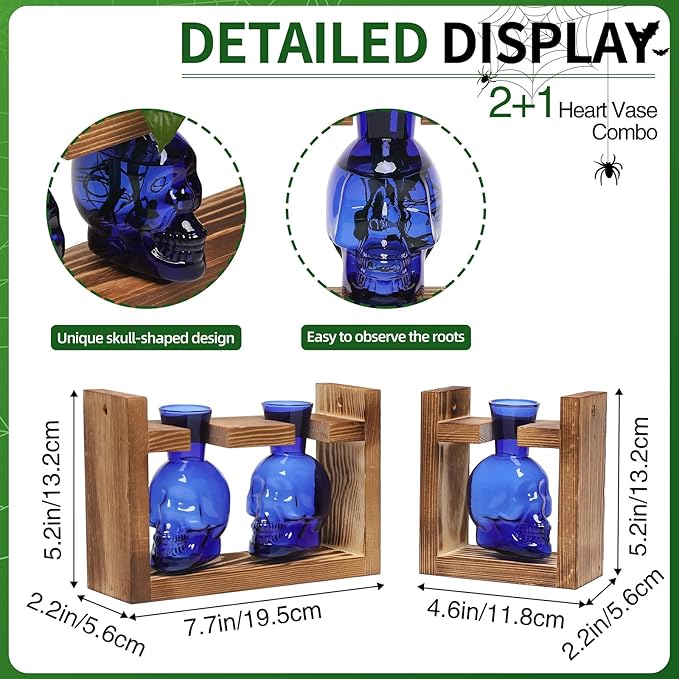 2+1 Plant Terrarium Plant Propagation Station Gifts for Father Halloween Skull Home Office Decor with Wooden Stand