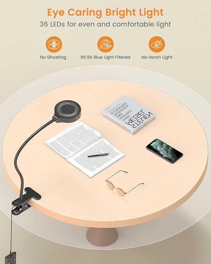 Glocusent Brighter Clip on Lamp with Remote, Eye-Caring Clip on Light for Bed Headboard, 3 Color & 5 Brightness Bed Lamp, 30-Min Auto-Off Timer, Reading Light with Adapter