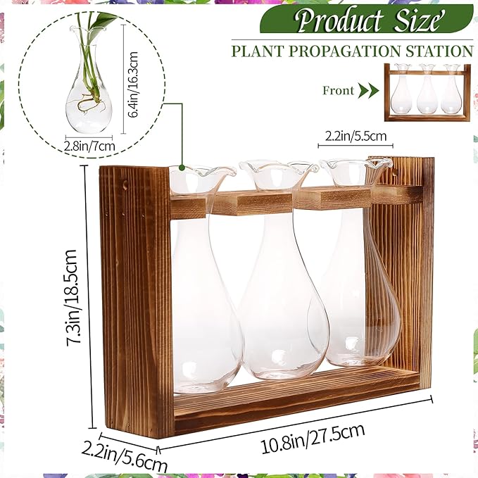 Glass Plant Propagation Station Bulb Planter Vase with Wooden Stand Birthday Gifts for Women Mom Plant Lovers Office Home Decoration