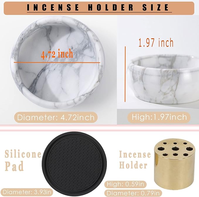 Marble Incense Holder, 9 Hole Burner for Meditation, Natural White & Grey Ash Grabber - Birthday Gift for Mom