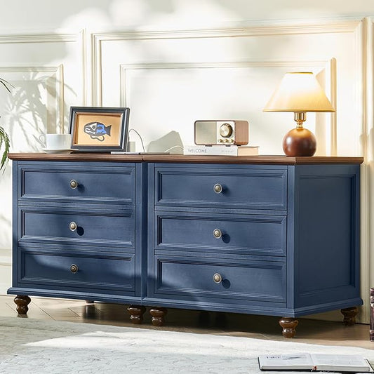 Farmhouse Nightstand Set of 2 with Charging Station, 24" Wide End Table with 3 Drawers,Dresser for Bedroom,Bed Side Table Chest of Drawers Cabinet,Wood Blue Night Stand for Living Room