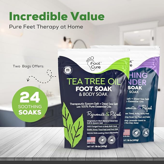 Tea Tree Oil & Soothing Lavender Foot Soak with Epsom Salt - Best Toenail Treatment & Softens Calluses - Soothes Sore & Tired Feet, Foot Odor Scent, Spa Pedicure - Made in USA - 16oz (Pack of 2)