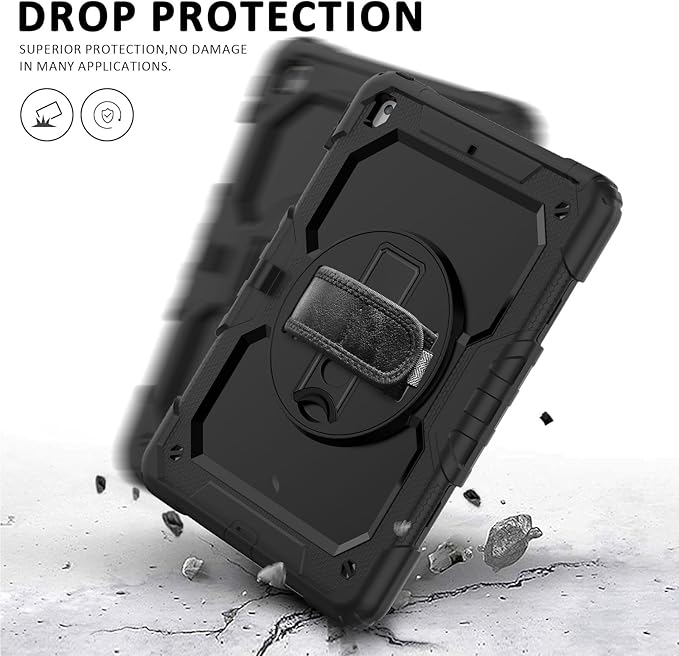 iPad 9th/8th/7th Generation Case, iPad 10.2 Case 2021/2020/2019, [Kid Proof] ambison Full Body Protective Case with 9H Tempered Glass Screen Protector, 360° Rotatable Kickstand & Hand Strap (Black)