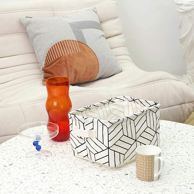 CROWNED 6 Pcs Storage Basket Foldable Cube Fabric Bins Square Mini Box Receive Organizer Rectangle Canvas with Handles for Home Office Books Small 11x8x6.3 inch White