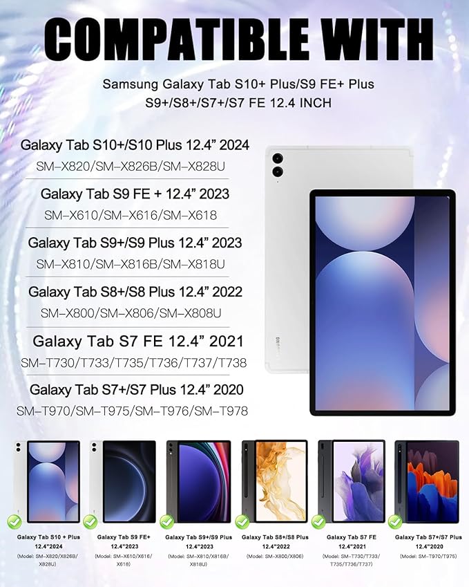 BRAECN Case for Samsung Galaxy Tab S10+/S9 FE+/S9+ Plus 12.4 Inch, Heavy Duty Silicone Case with Screen Protector, S Pen Holder, Stable Kickstand,Shoulder Strap for Galaxy Tab S8+/S7 FE/S7+, Black